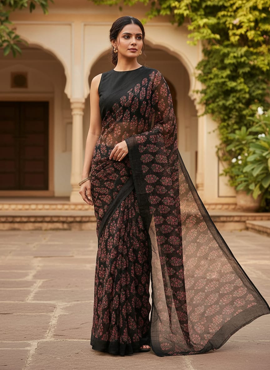 Red Floral Laying Over Black Digital Printed Fabric