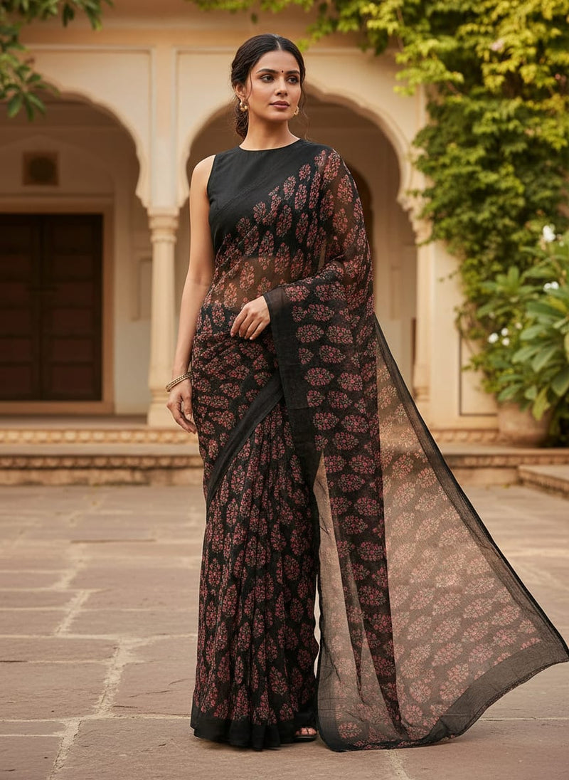 Red Floral Laying Over Black Digital Printed Fabric