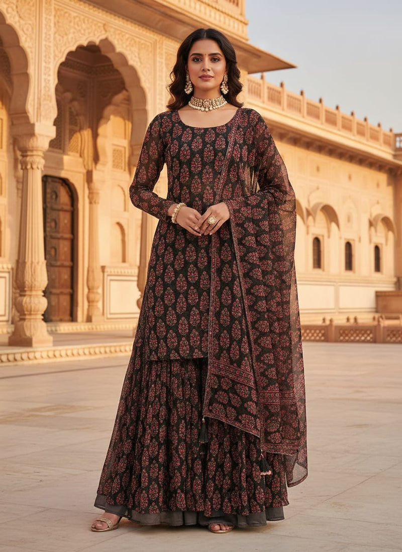 Black Ethnic Floral Buti Pure Chiffon Digital Printed Fabric