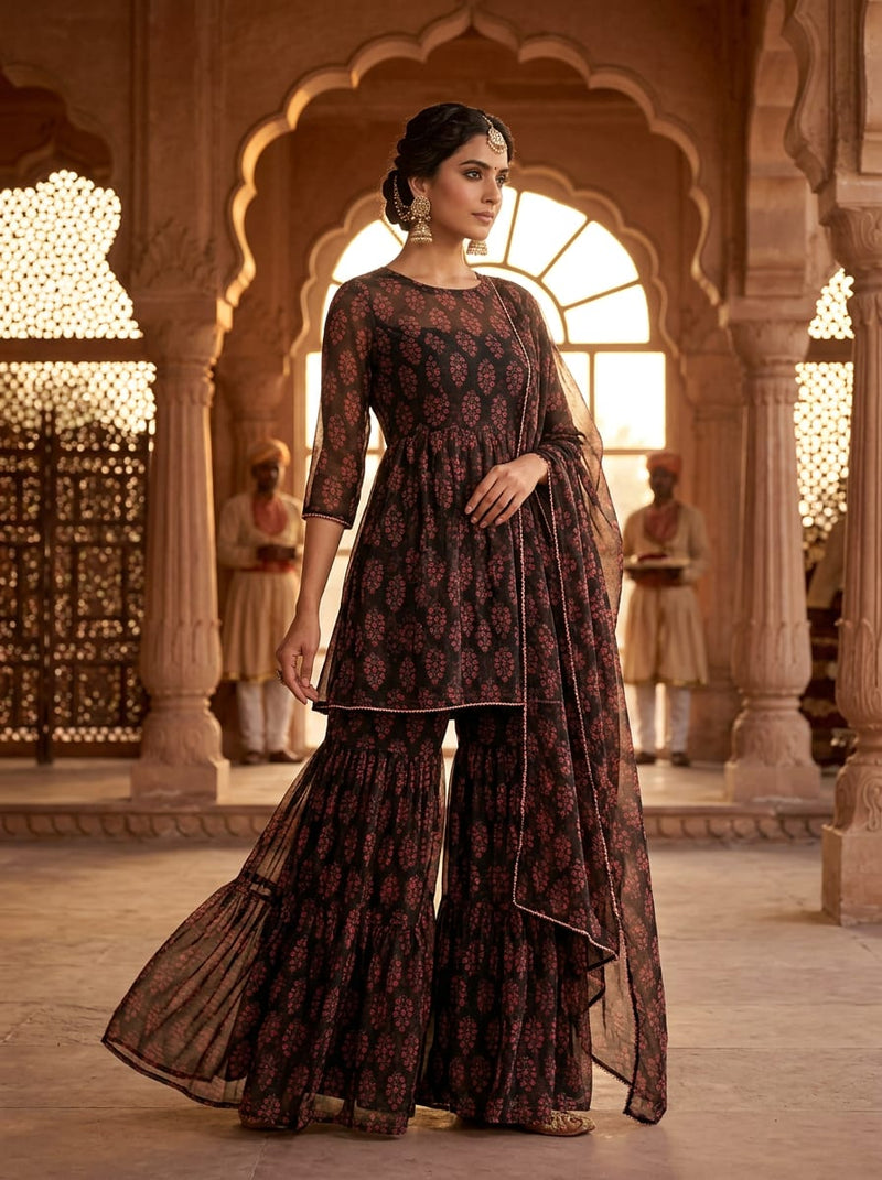 Black Ethnic Floral Buti Pure Chiffon Digital Printed Fabric