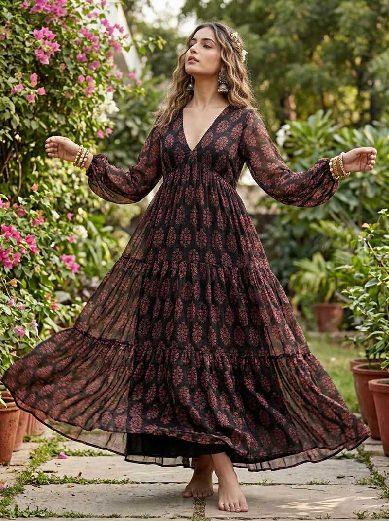 Black Ethnic Floral Buti Pure Chiffon Digital Printed Fabric