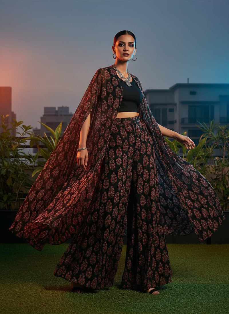Black Ethnic Floral Buti Pure Chiffon Digital Printed Fabric