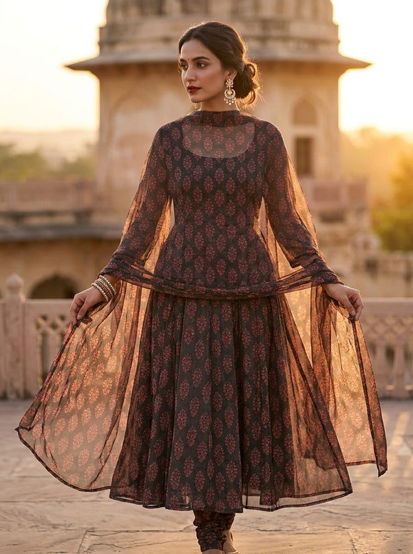 Black Ethnic Floral Buti Pure Chiffon Digital Printed Fabric - Anarkali Kurta Set Lookbook - PCH-0-MA09632-96 - alternate view