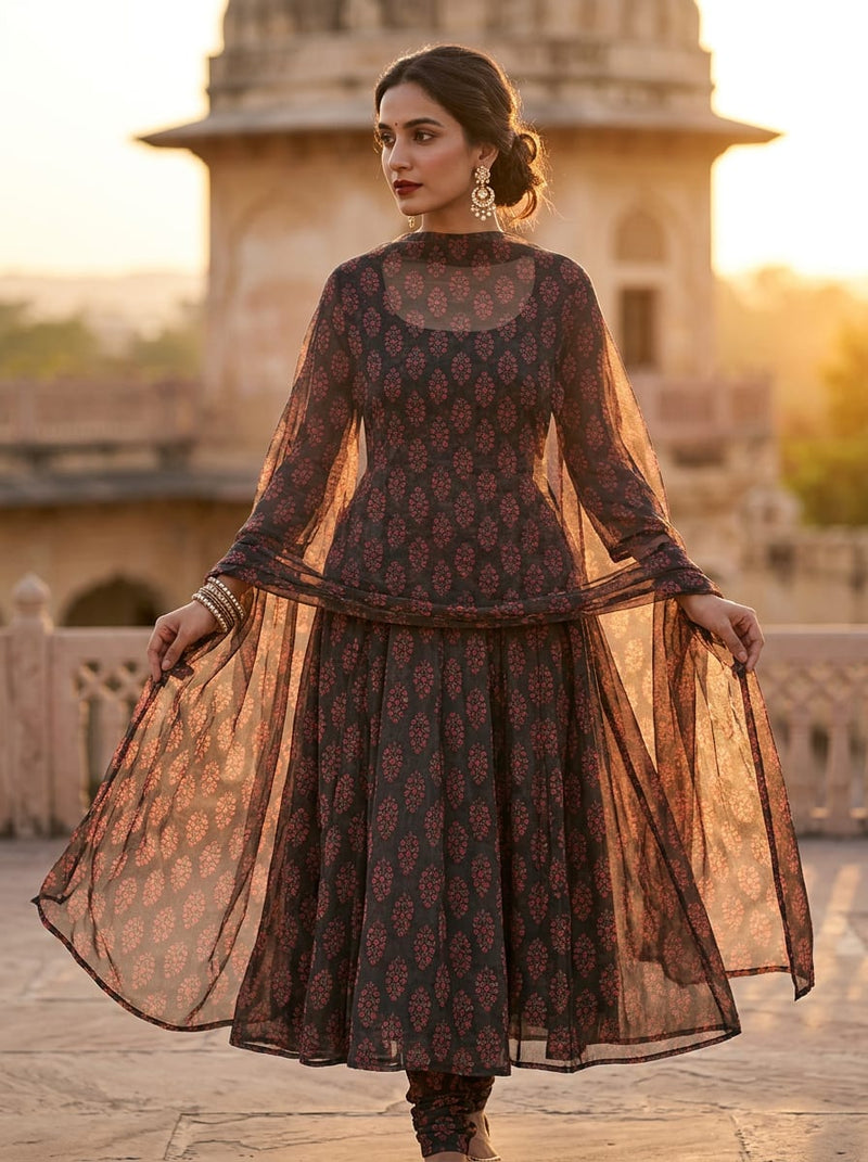 Black Ethnic Floral Buti Pure Chiffon Digital Printed Fabric