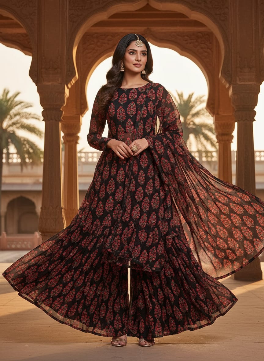 Black Ethnic Floral Buta Pure Georgette Digital Printed Fabric