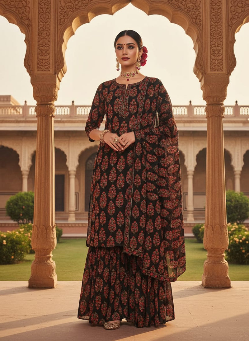 Black Ethnic Floral Buta Pure Georgette Digital Printed Fabric