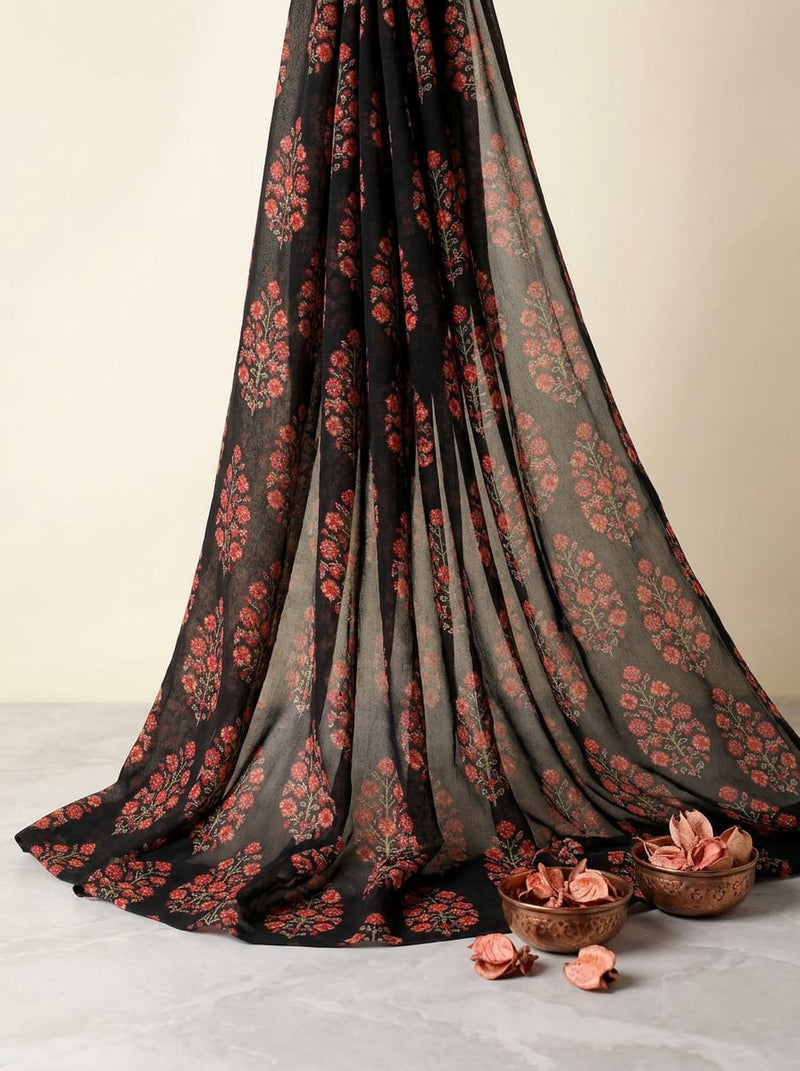 Black Ethnic Floral Buta Pure Georgette Digital Printed Fabric