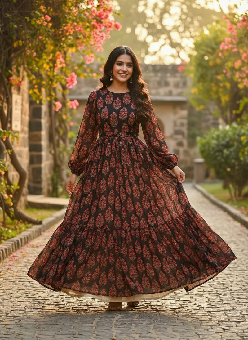 Black Ethnic Floral Buta Pure Georgette Digital Printed Fabric