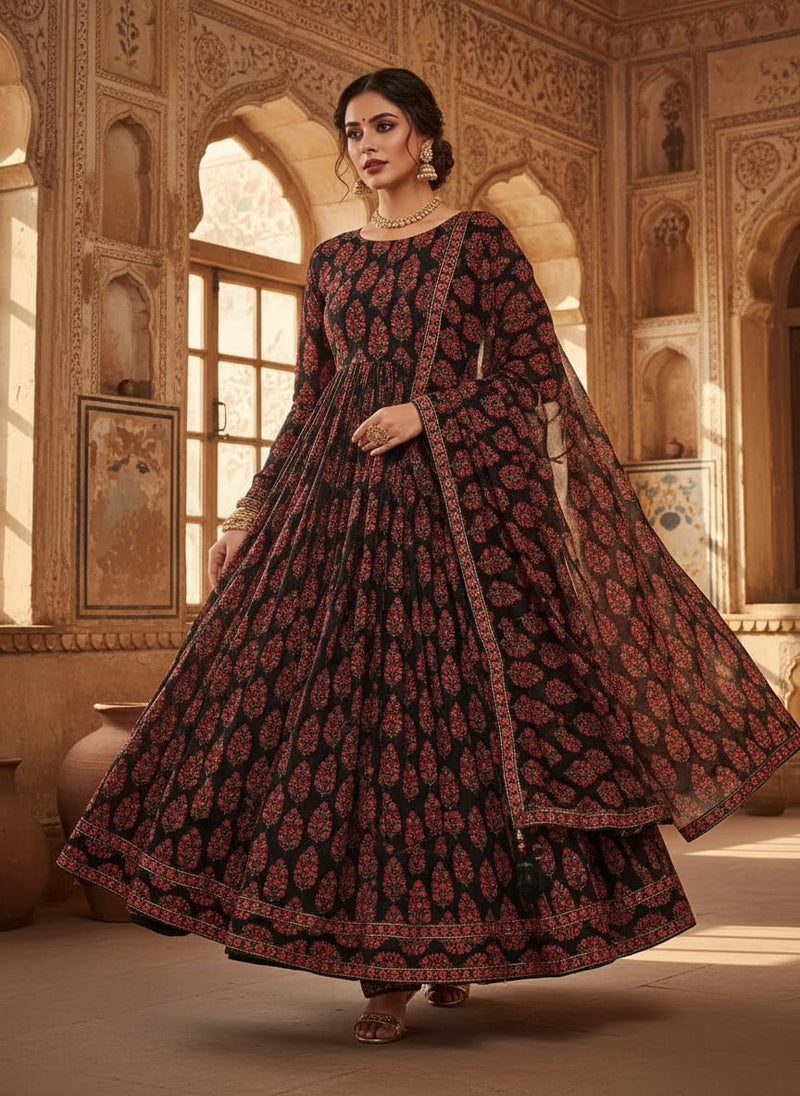 Black Ethnic Floral Buta Pure Georgette Digital Printed Fabric