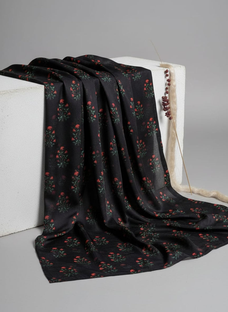 Black Small Red Floral Bouquet Silk Crepe Digital Printed Fabric