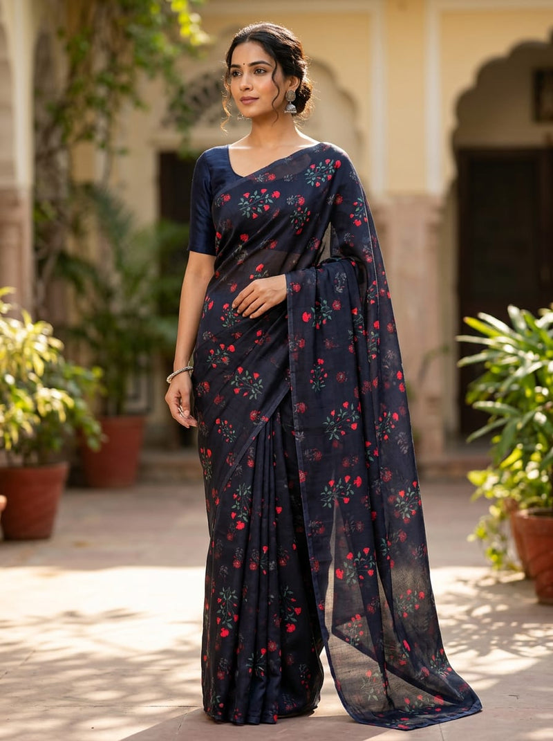 Black Small Floral Buti Kora Silk Digital Printed Fabric