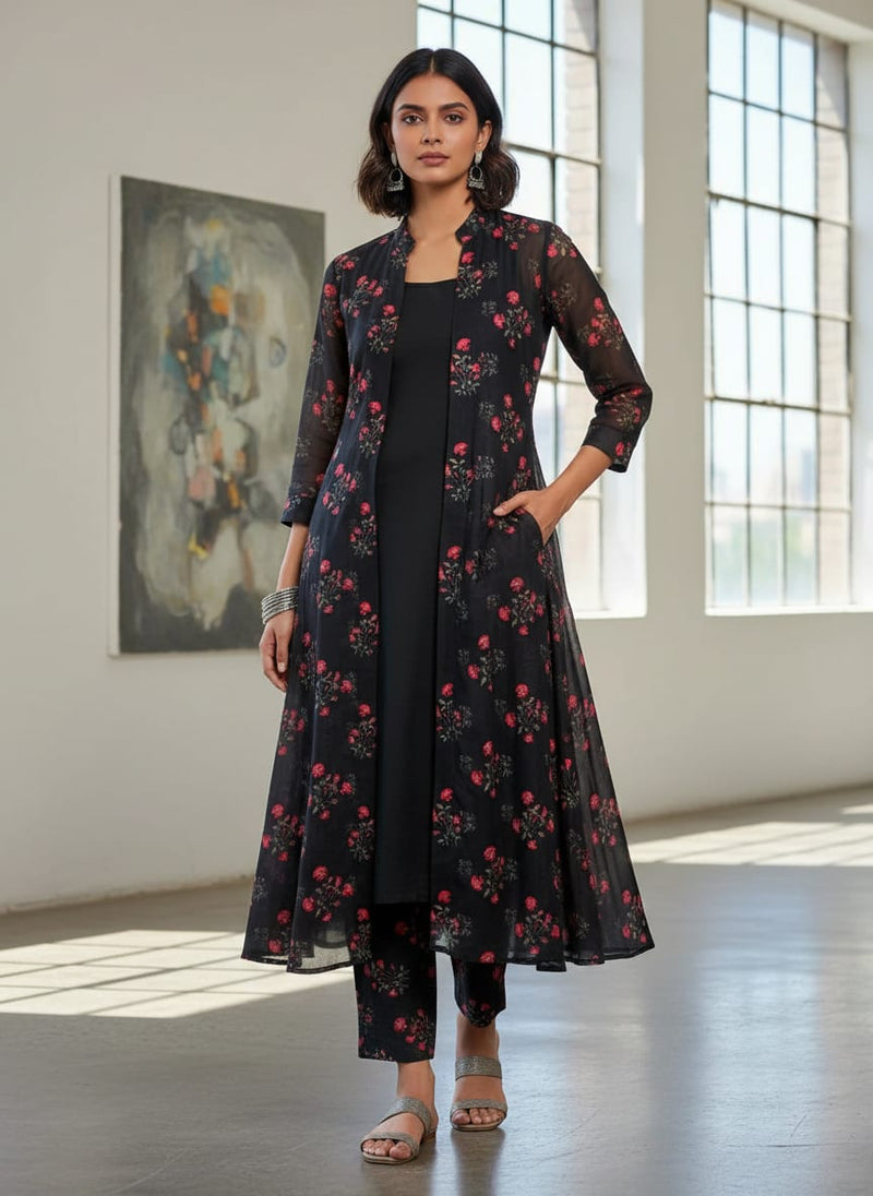 Red Flower over Black Base Difgital Printed Fabric