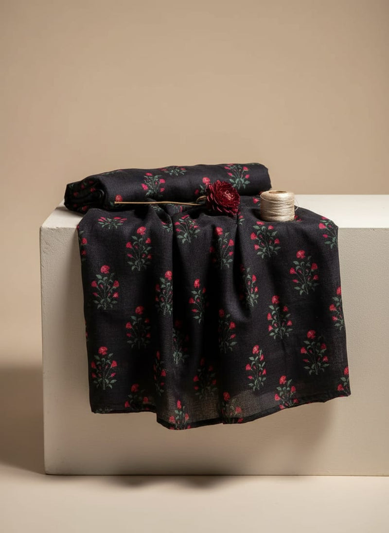 Black Small Red Floral Buti Muslin Digital Printed Fabric