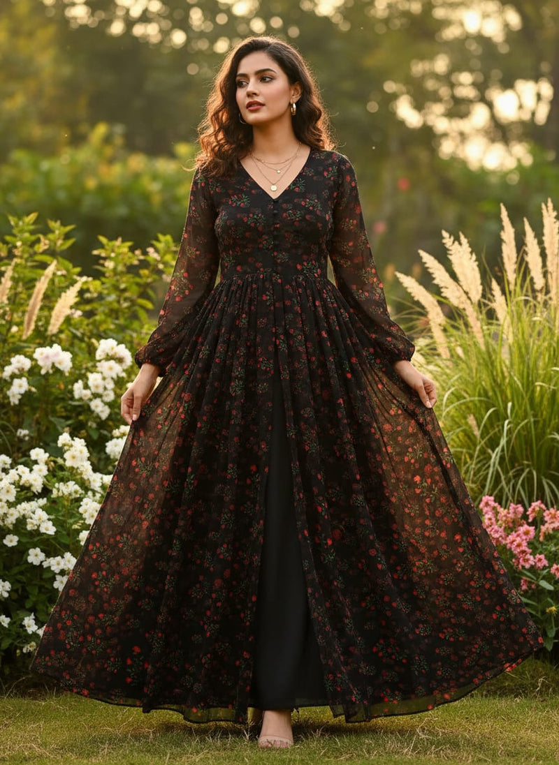 Black Small Red Floral Buds Pure Georgette Digital Printed Fabric