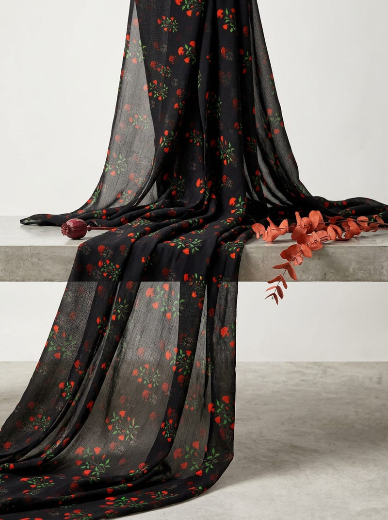 Black Small Red Floral Buds Pure Georgette Digital Printed Fabric