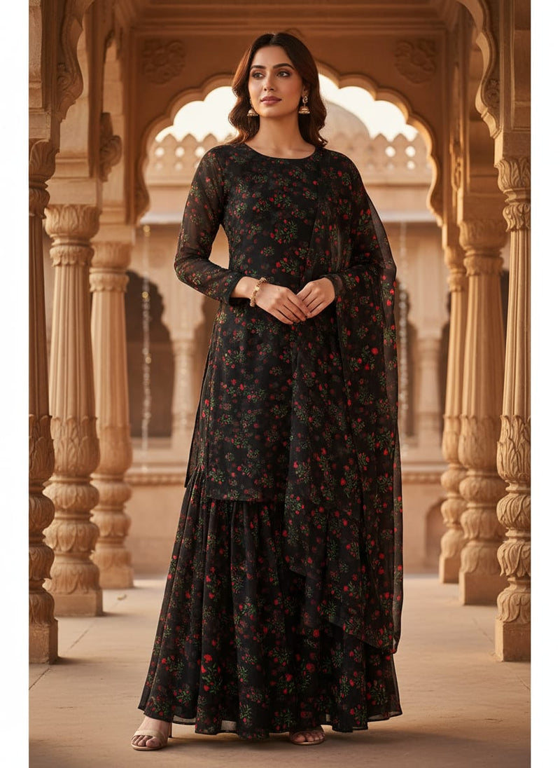 Black Small Red Floral Buds Pure Georgette Digital Printed Fabric
