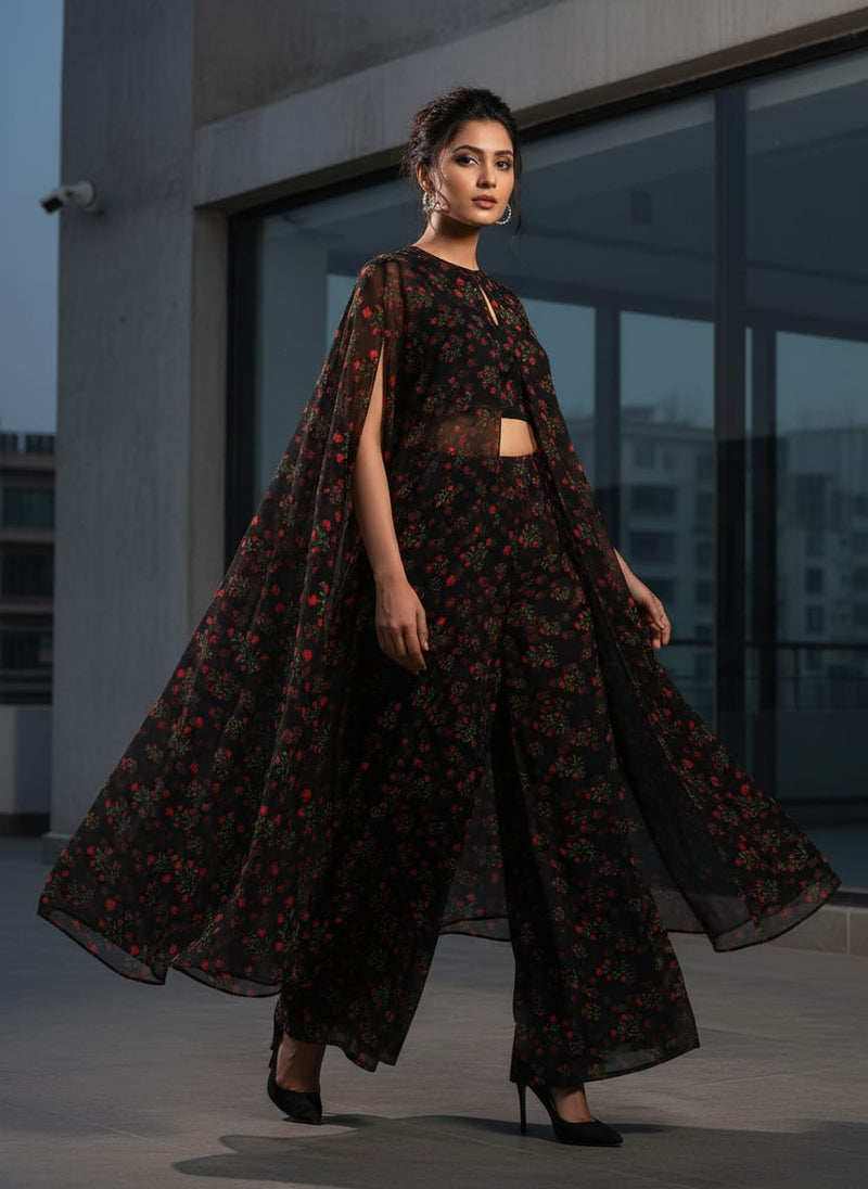 Black Small Red Floral Buds Pure Georgette Digital Printed Fabric
