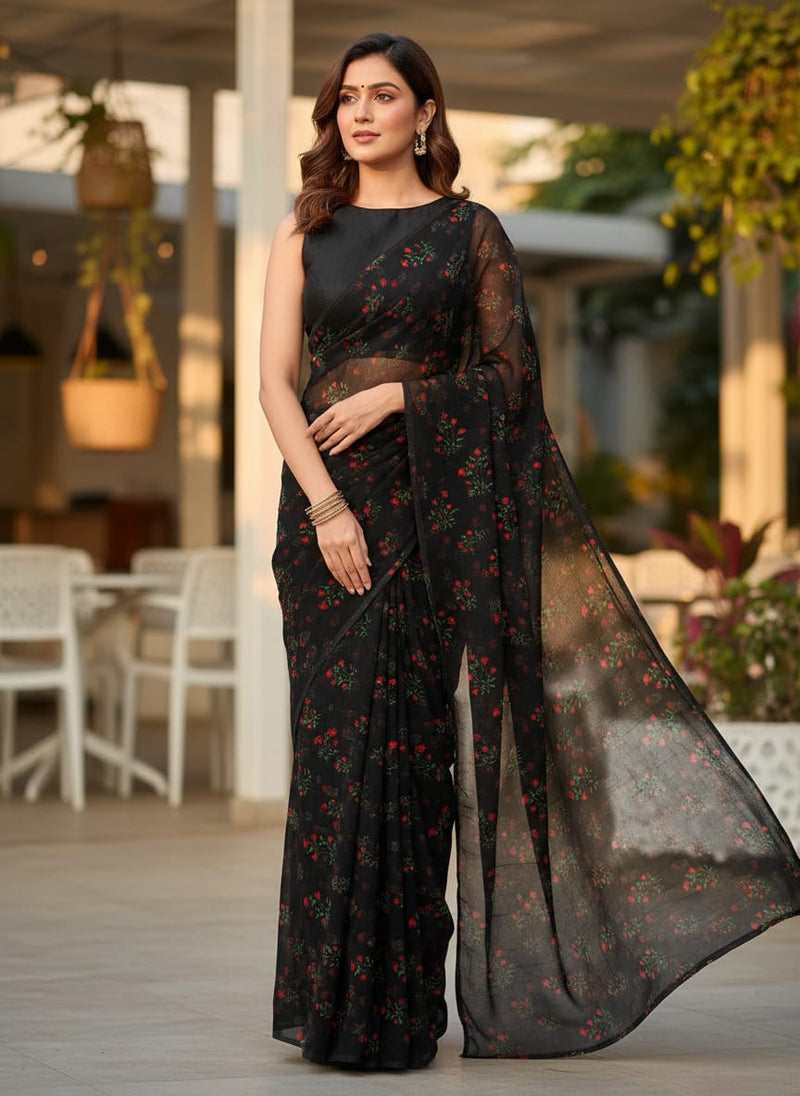 Black Small Red Floral Buds Pure Georgette Digital Printed Fabric