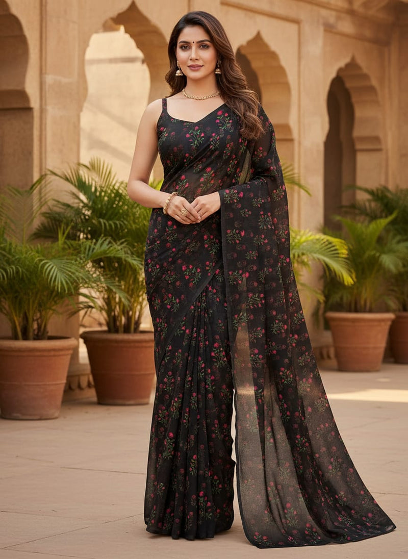 Black Small Ethnic Floral Buti Weightless Digital Printed Fabric