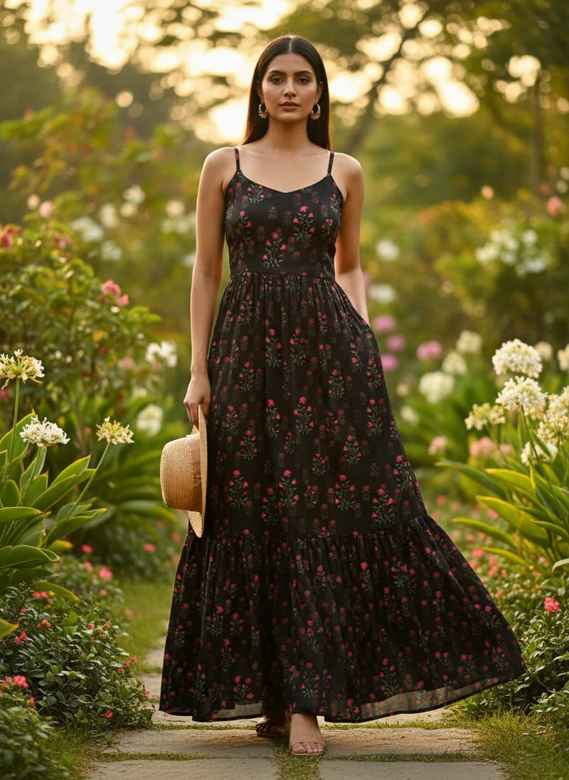 Black Small Ethnic Floral Buti Weightless Digital Printed Fabric