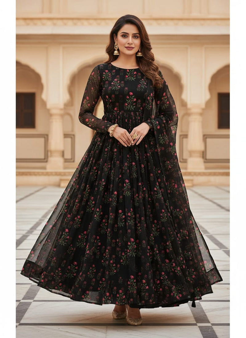 Black Small Ethnic Floral Buti Weightless Digital Printed Fabric