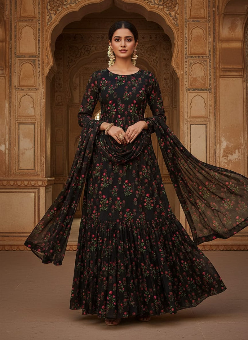 Black Small Ethnic Floral Buti Weightless Digital Printed Fabric