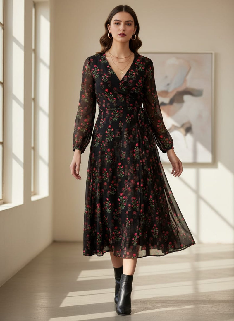 Black Small Ethnic Floral Buti Weightless Digital Printed Fabric