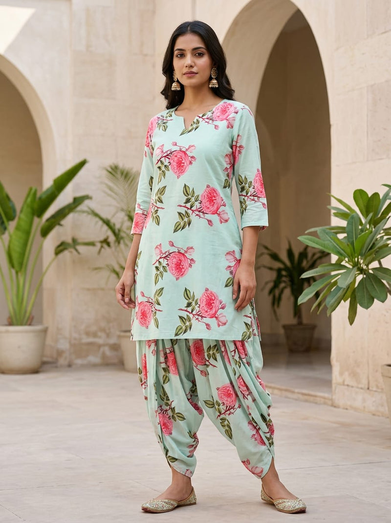Green Botanical Rose Floral Pure Cotton Digital Printed Fabric