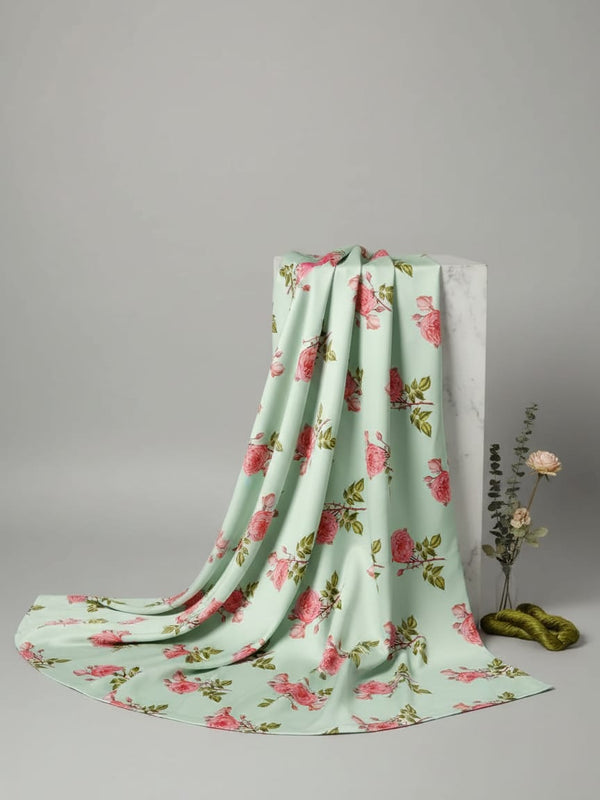 Green Vintage English Rose Jam Satin Digital Printed Fabric