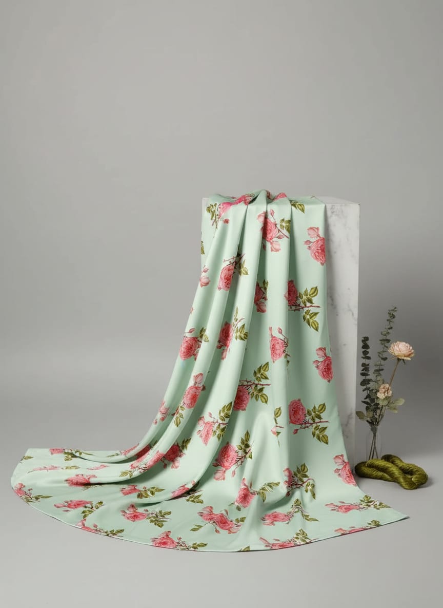 Green Vintage English Rose Jam Satin Digital Printed Fabric