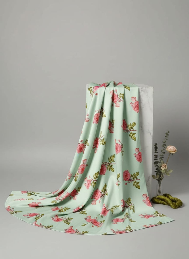 Green Vintage English Rose Jam Satin Digital Printed Fabric