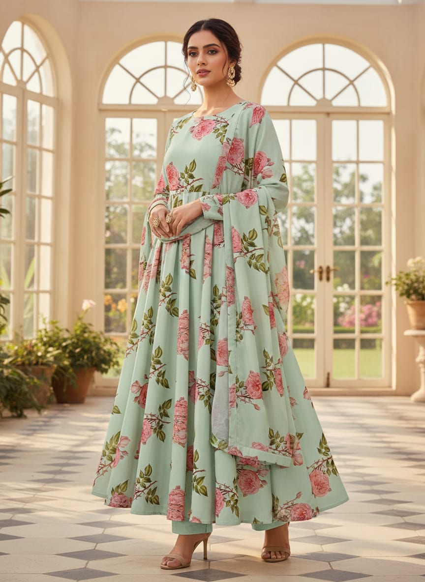 Green Vintage English Rose Jam Satin Digital Printed Fabric