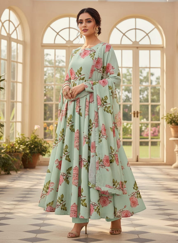 Green Vintage English Rose Jam Satin Digital Printed Fabric - Anarkali Kurta Set Lookbook - JAM-0-TA07107P14-108 - alternate view