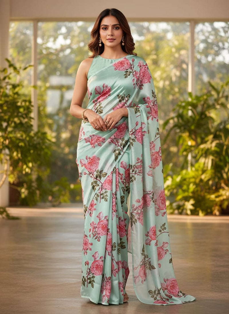 Red Rose Laying on Pista Base Digital Printed Fabric
