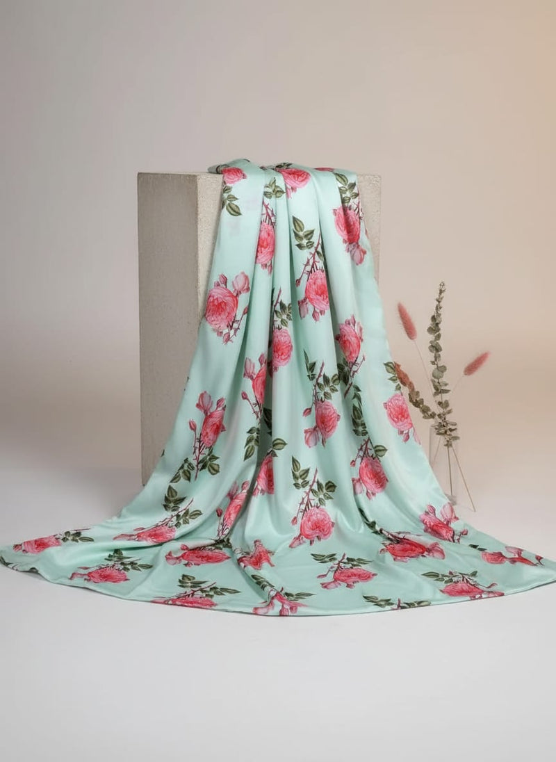 Green Classic Rose Floral Japan Satin Digital Printed Fabric