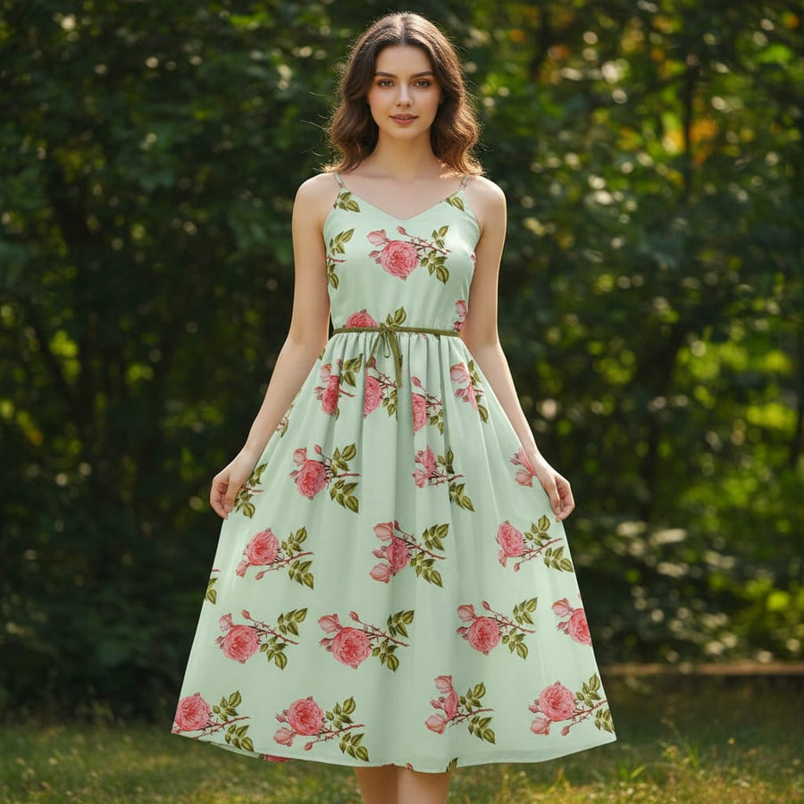 Red Rose Laying on Pista Base Digital Printed Fabric