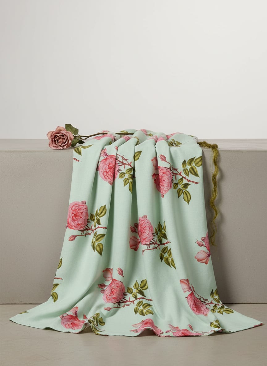 Green Vintage Botanical Rose Floral Muslin Digital Printed Fabric