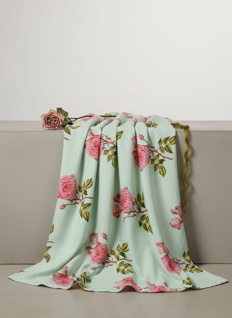 Green Vintage Botanical Rose Floral Muslin Digital Printed Fabric