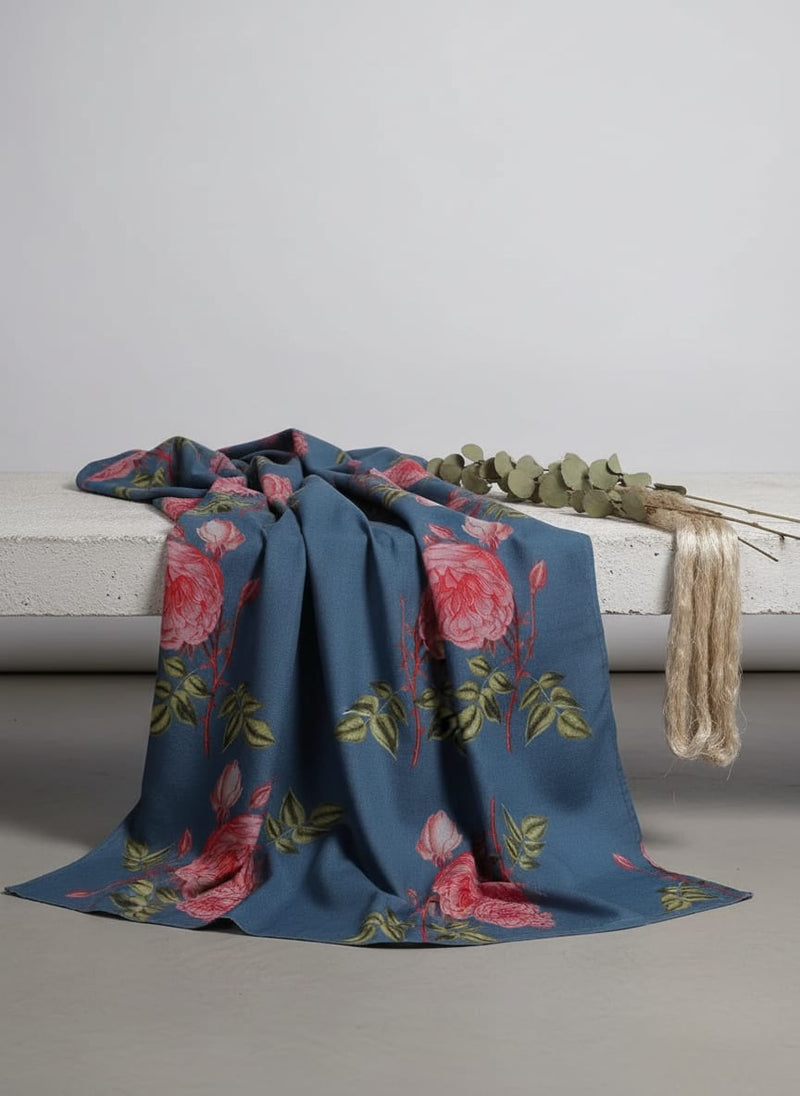 Blue Vintage Rose Botanical Pure Cotton Digital Printed Fabric