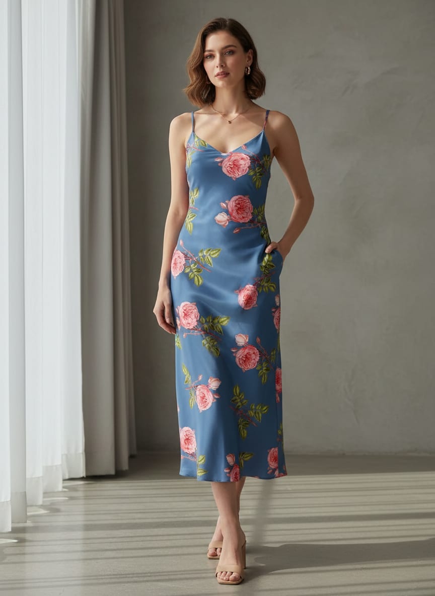 Blue Vintage Rose Floral Print Jam Satin Digital Printed Fabric