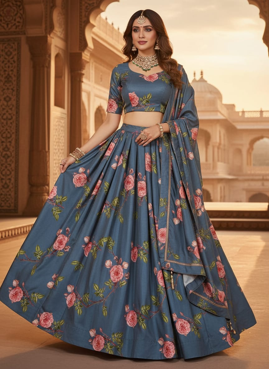 Blue Vintage Rose Floral Print Jam Satin Digital Printed Fabric