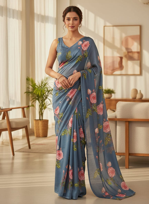 Blue Vintage Rose Floral Print Jam Satin Digital Printed Fabric - Saree Lookbook - JAM-0-TA07107P3-108 - alternate view