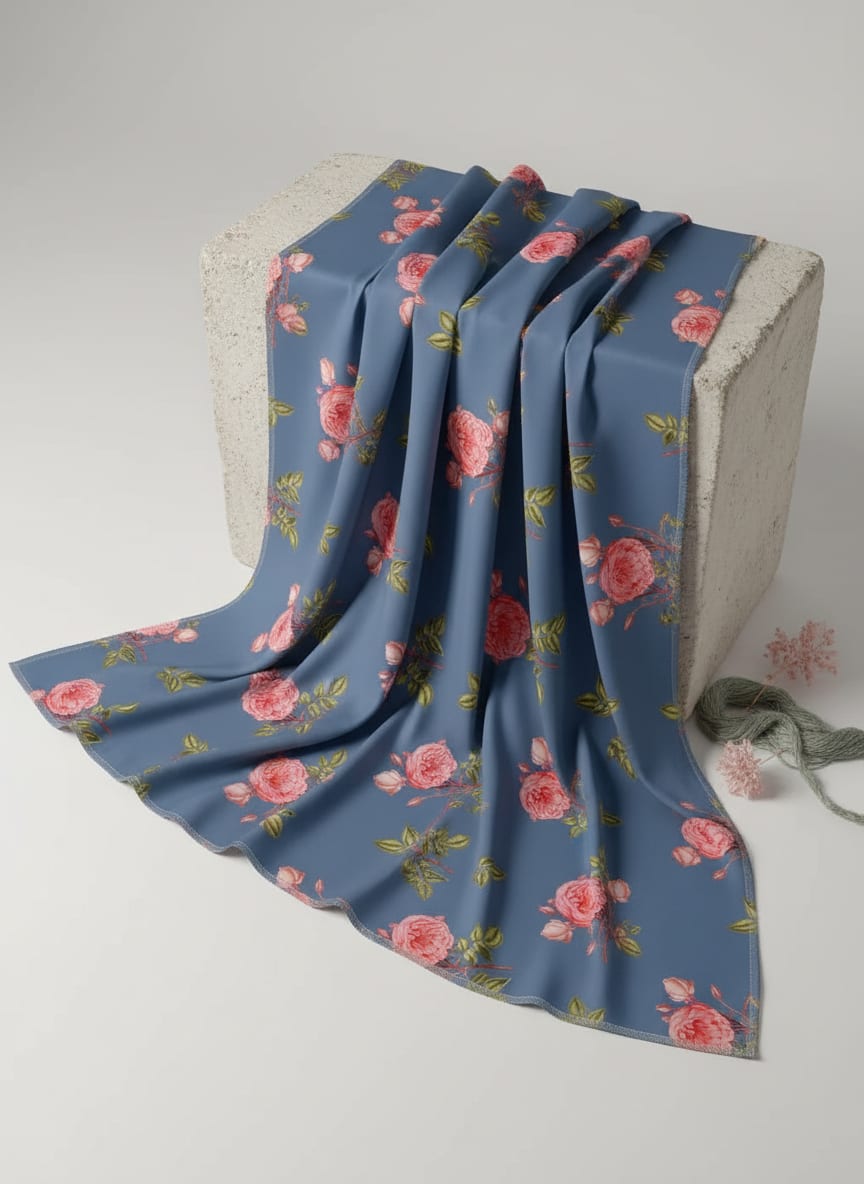 Blue Vintage Rose Floral Print Jam Satin Digital Printed Fabric