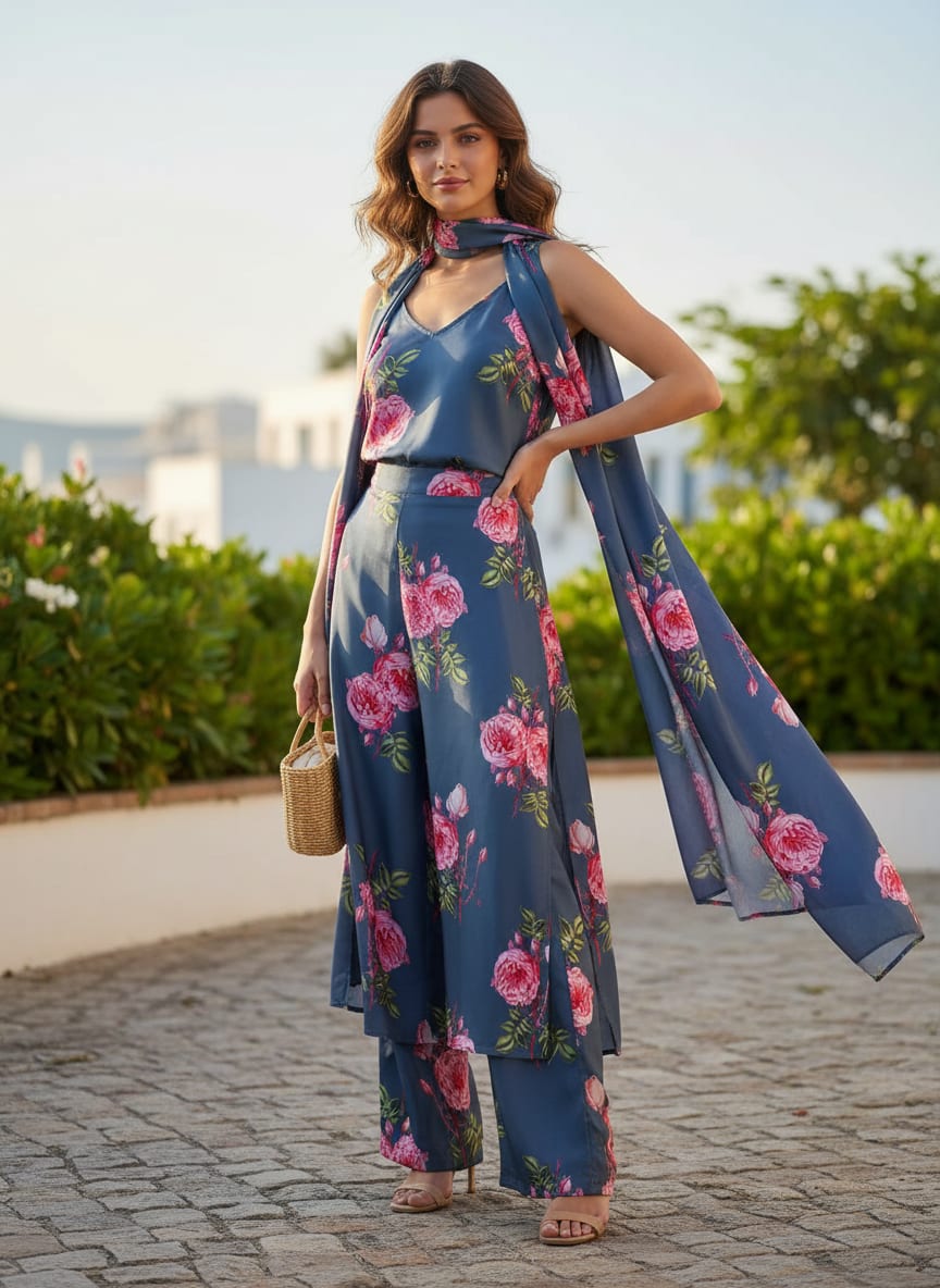 Red Rose Laying Over Blue Base Digital Printed Fabric