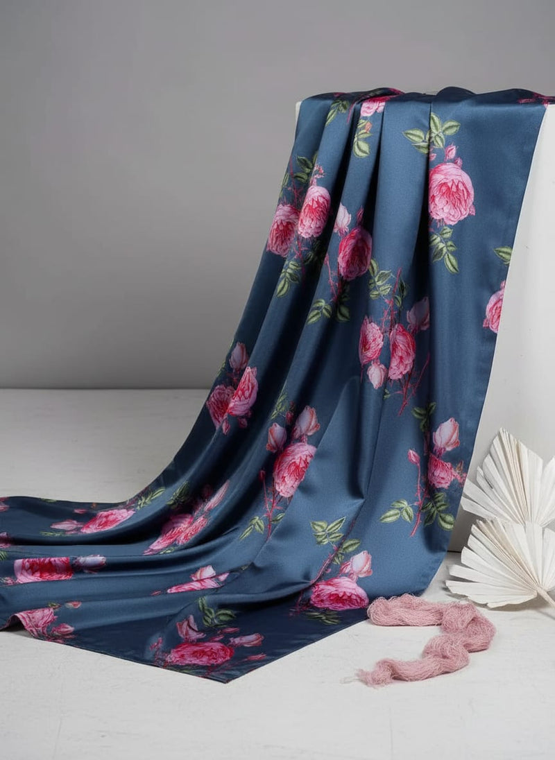 Blue and Pink Vintage Rose Floral Japan Satin Digital Printed Fabric