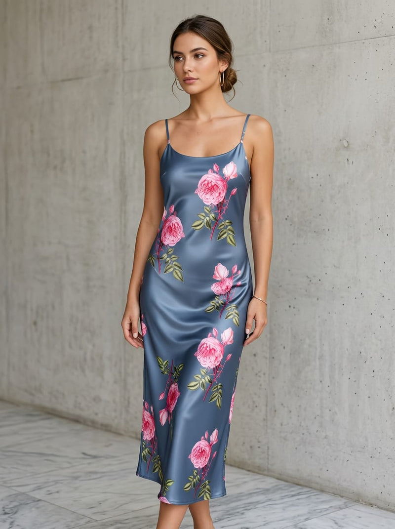 Blue and Pink Vintage Rose Floral Japan Satin Digital Printed Fabric