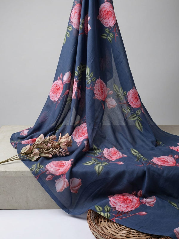 Blue Classic Rose Floral Print Muslin Digital Printed Fabric