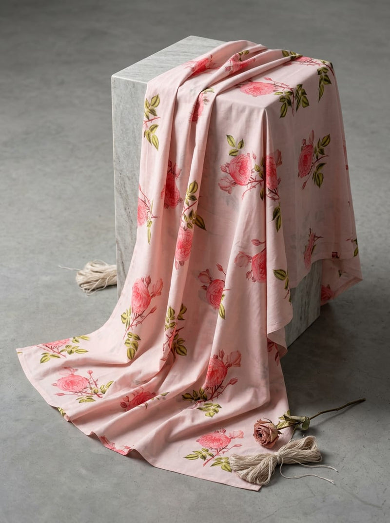 Pink Botanical Rose Floral Pure Cotton Digital Printed Fabric