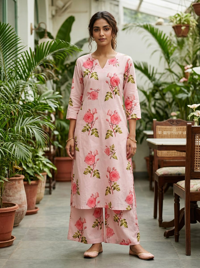 Pink Botanical Rose Floral Pure Cotton Digital Printed Fabric