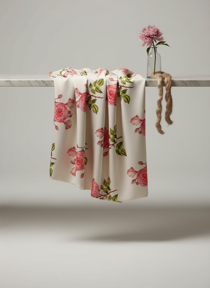 Cream Vintage Botanical Rose Floral Jam Satin Digital Printed Fabric